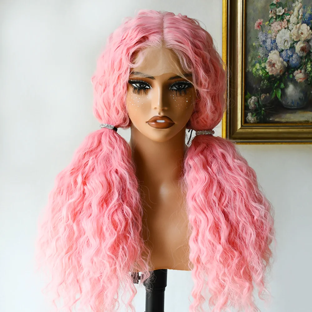 Parrucche anteriori in pizzo sintetico rosa Parte libera Onda profonda Parrucche in pizzo senza colla per capelli in fibra naturale resistente al calore per le donne