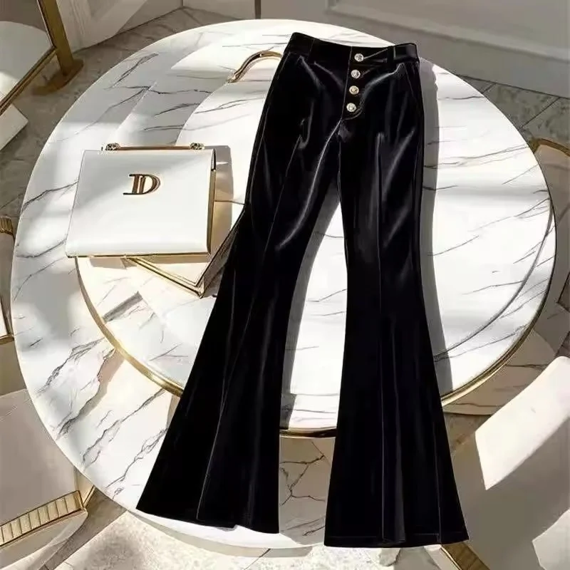 Autumn Winter Black Velvet Flared Pant Women New Design High Waist Button Pants Leisure Thick Slim Trousers Versatile Ladies