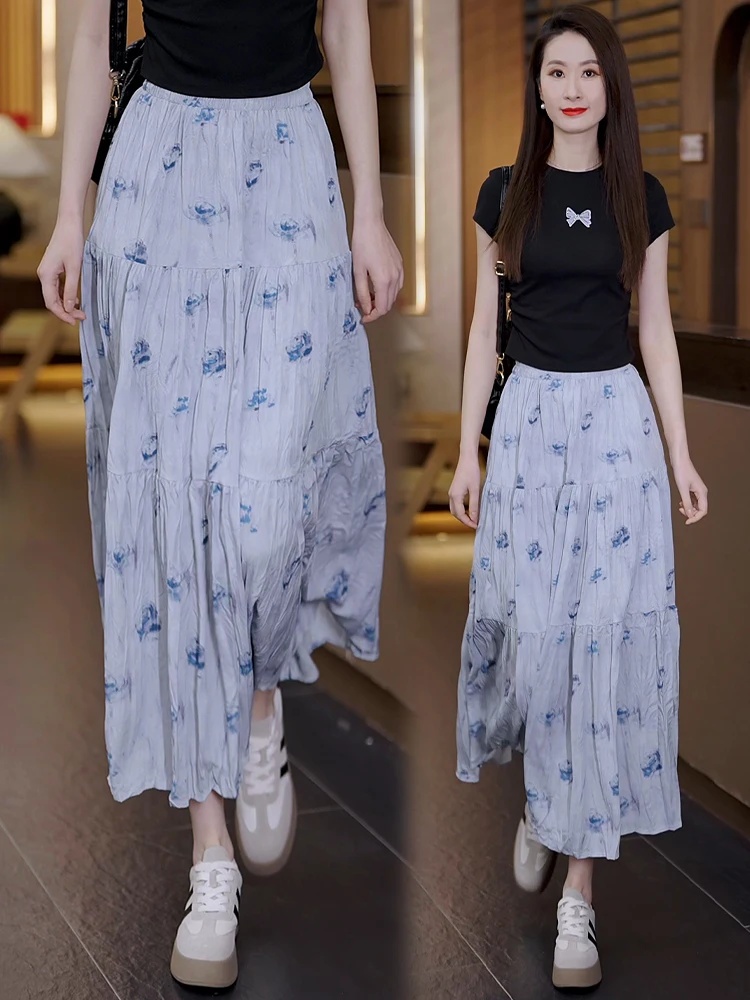 

Юбка миди А-силуэта с цветочным принтом, женская летняя тонкая юбка с высокой талией, винтажный стиль, с присборенным подолом, повседневная, из полиэстеровой смеси