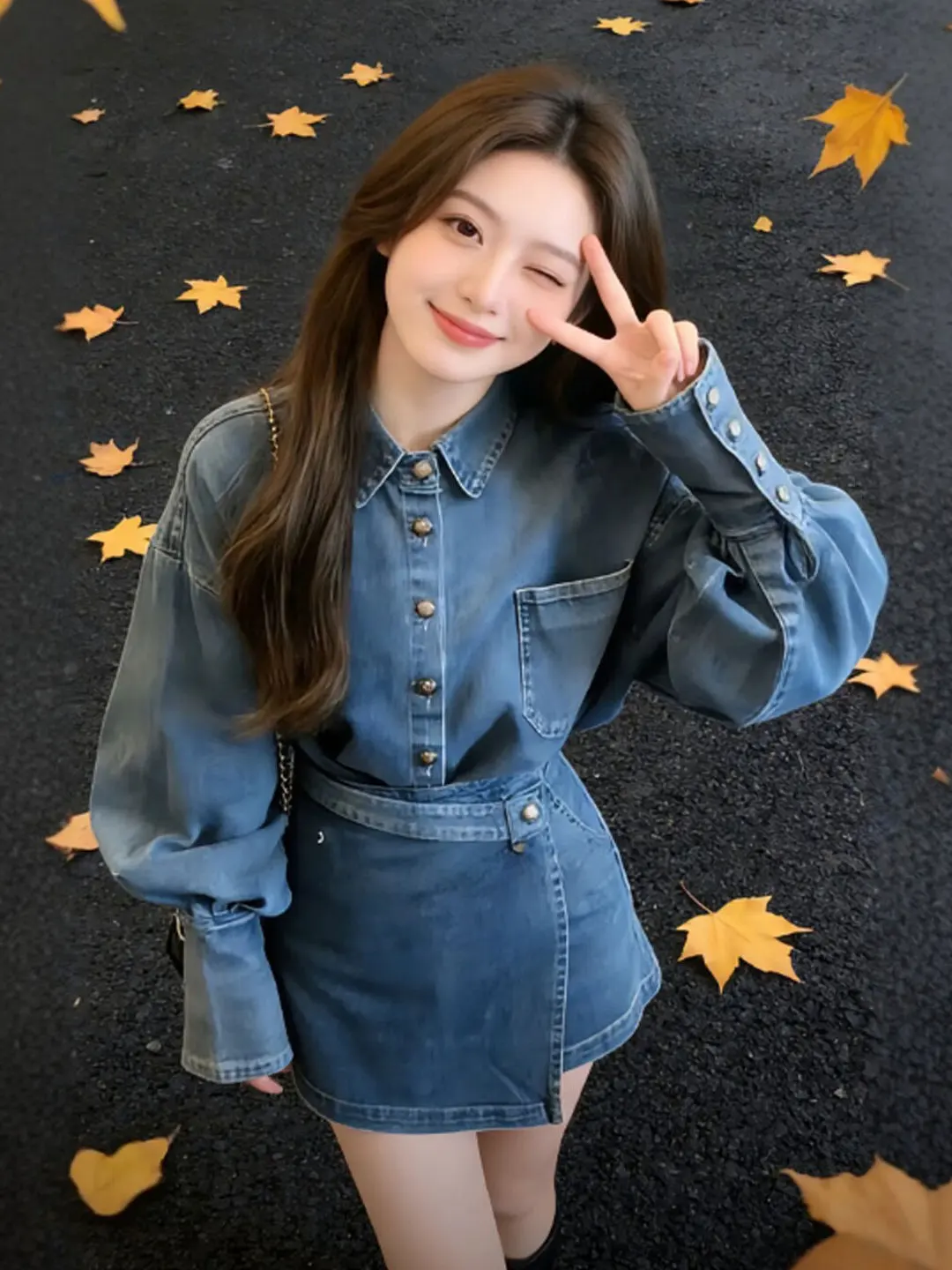 

Retro Denim Jaet And Skirt Two-Piece Set Ele Spring Faion Casual Comfortable Cotton V-Ne Long Sve Women's E...