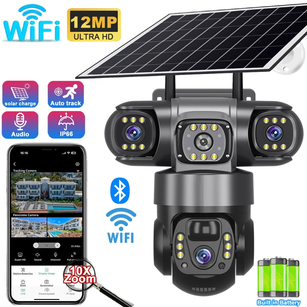 

12MP HD Solar Outdoor Camera 3 Lens 3 Screen 10X Zoom CCTV Night Vision IP66 Waterproof PIR Human Detect Wifi Security Camera