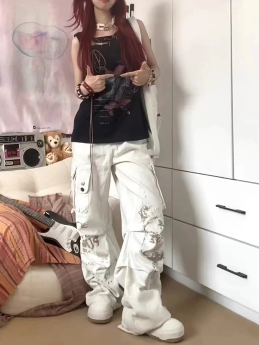 Retro Vintage Dirty Washed Folded White Denim Jeans Women's High Street Autumn Multi Pocket Wide Leg Long Casual Pants