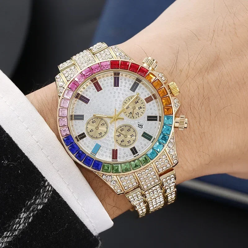 Luxury Men Watches Colorful Quartz Wristwatches Rhinestone Watch Reloj Hombre Calendar Watch Male Clock Gift Relogios Masculino