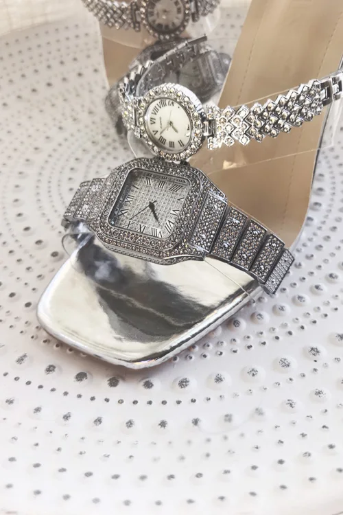 Original design Crystal watch high heels sandals women's luxury diamond bling leather clear heeled slippers party dating shoes view 5