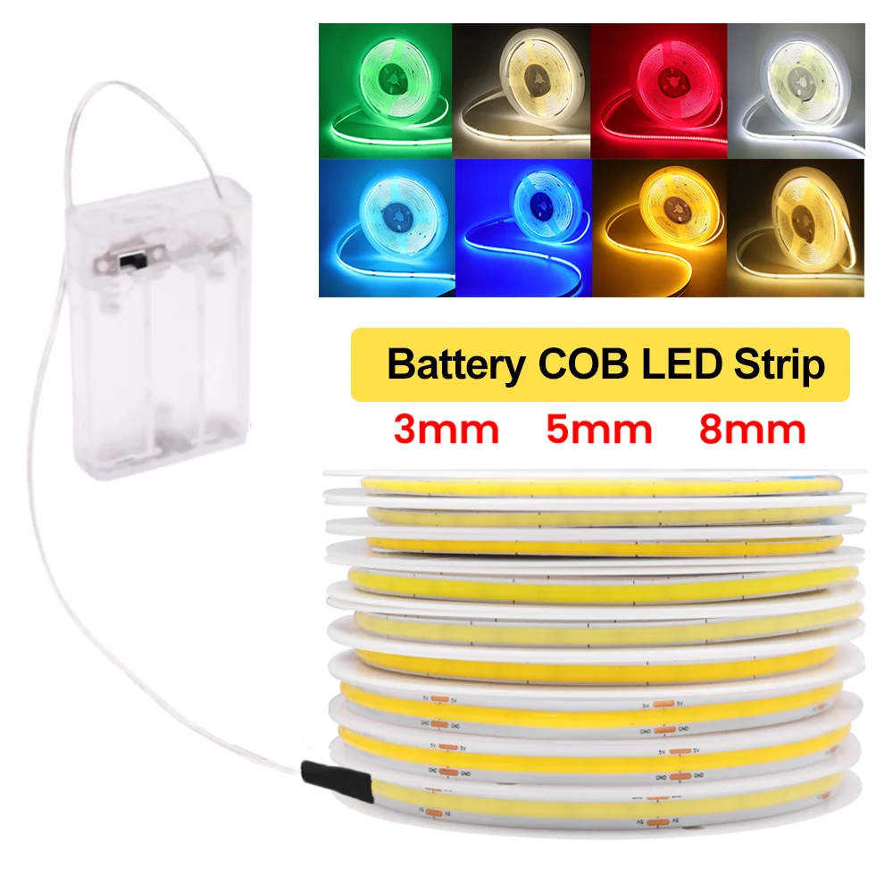 5V COB LED Strip 3mm 5mm 8mm Width 320LEDs/m High Density COB LED Tape AA Battery Powered Linear Lighting White Red Green Blue