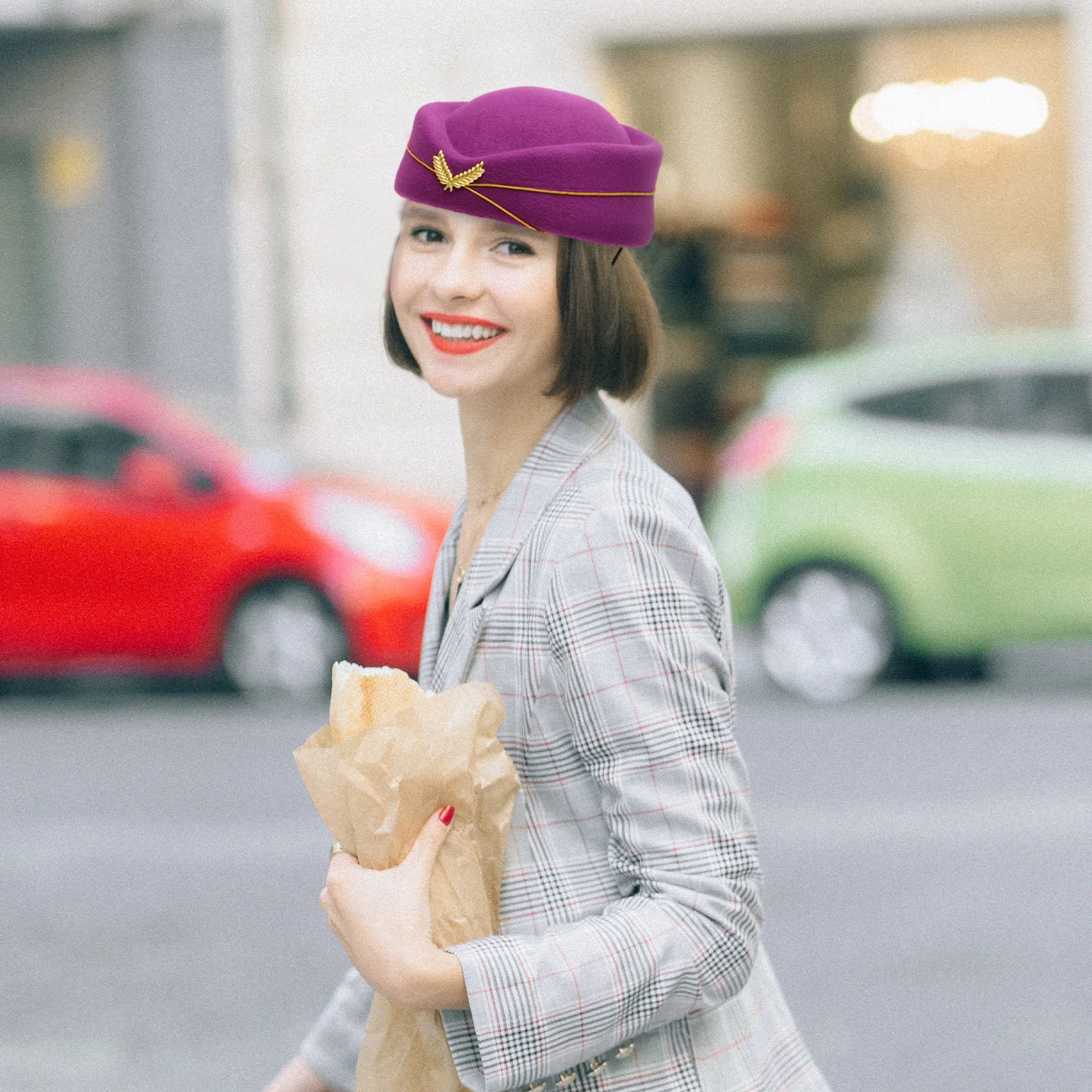 

1pc Elegant Stewardess Flight Attendant Cap Beret Airline Costume Party Cosplay Accessory Women'S Wool-Like Fabric Head Decor