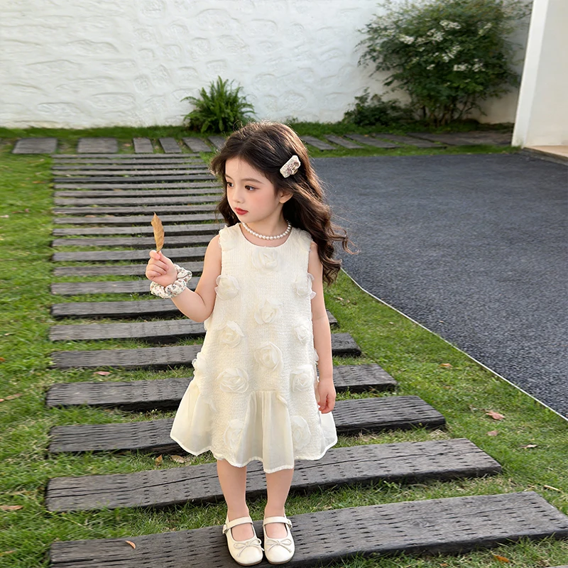 

Girls Round Neck 3D Flower Dress Summer Sleeveless Sweet Princess Dress Kids Chiffon Ruffle Hem Sundress for Party Daily