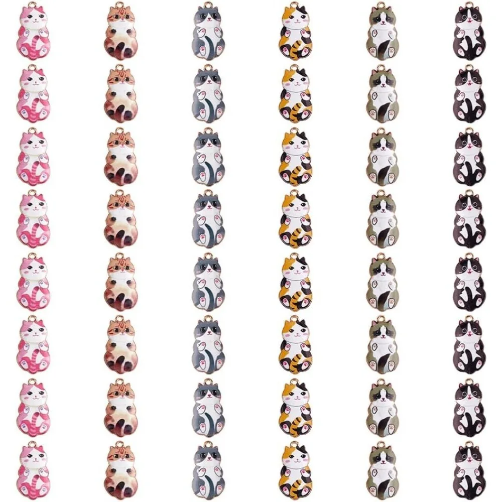 

48pcs Alloy Enamel Edging Cartoon Cat Pendant Earring Keychain Cute Bulk Charms for Jewelry Making Cat Craft Bracelets Earrings