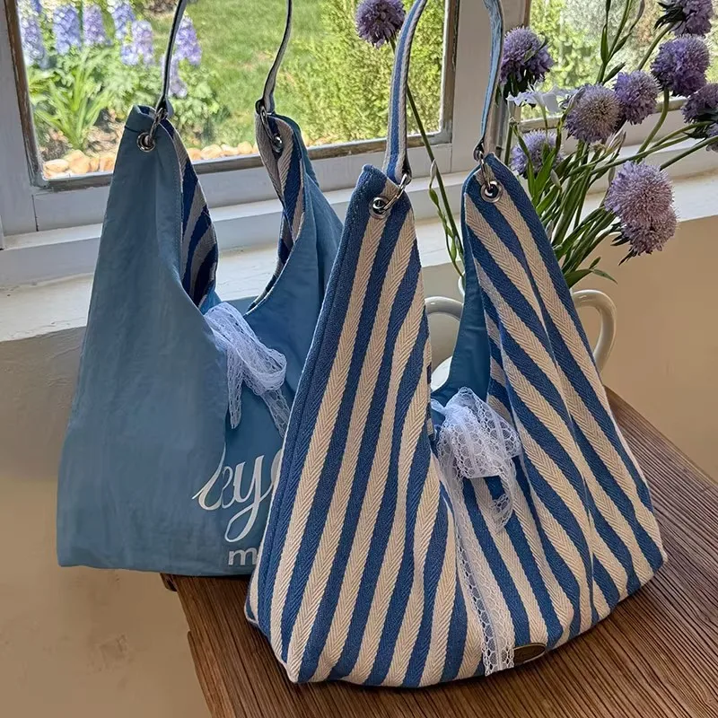 

Cute Red White Stripe Hobo Bag for Women, Lace Bow Decor Canvas Tote Bag, Reversible Shoulder Bag for Daily & Shopping