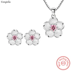 Fanqieliu Real 925 Sterling Silver Crystal Flower Pendant Necklace Stud Earrings Jewelry Sets For Women Vintage New FQL23079