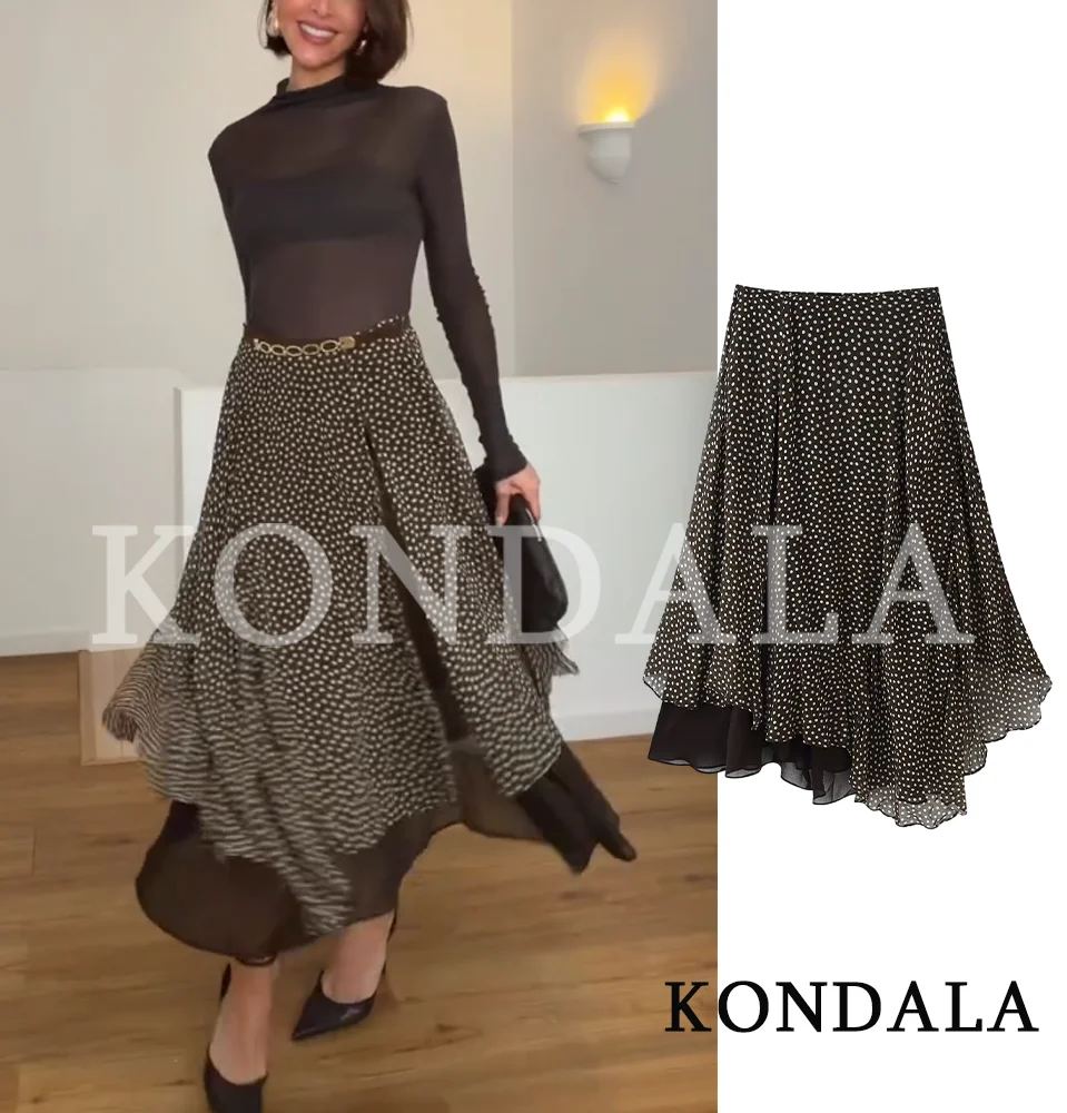 

Винтажная юбка миди KONDALA в горошек, женская элегантная юбка с асимметричным подолом, новинка 2026 года, весенне-летняя модная повседневная юбка для отпуска