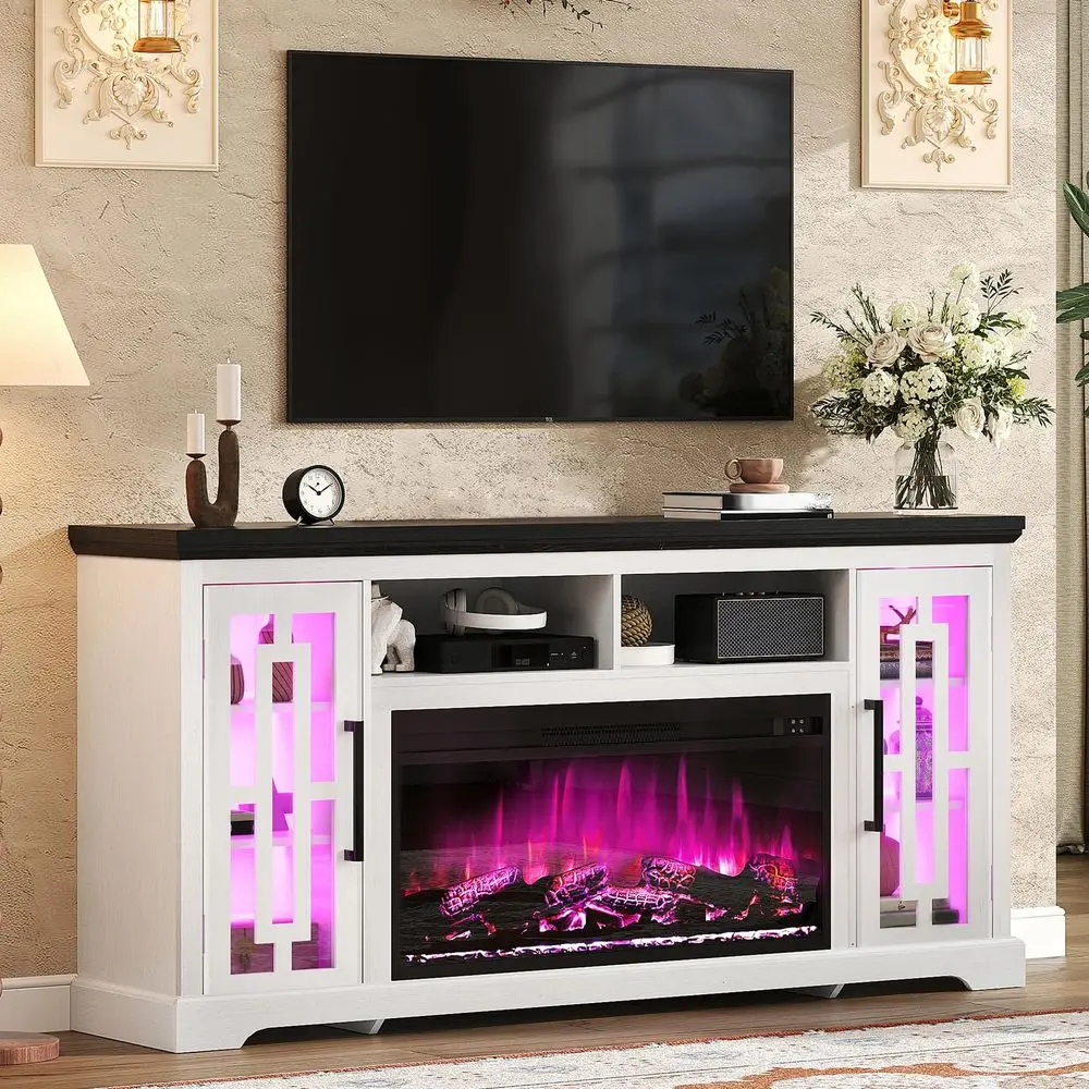 

70 Farmhouse Large Fireplace TV Stand for 80 Inch TV, LED Media Entertainment Center with 37 Fireplace, Rustic TV Console Stora