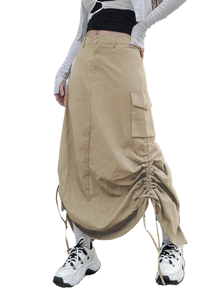 hirigin Retro Women Long Cargo Pocket Baggy Skirts Side Drawstring Low Rise Solid Pockets Hip Hop Straight Skirts Y2k Streetwear