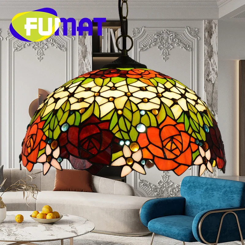 

FUMAT Tiffany glass rose chandelier modern simple style 16 inch creative decoration home dining room bedroom hanging light