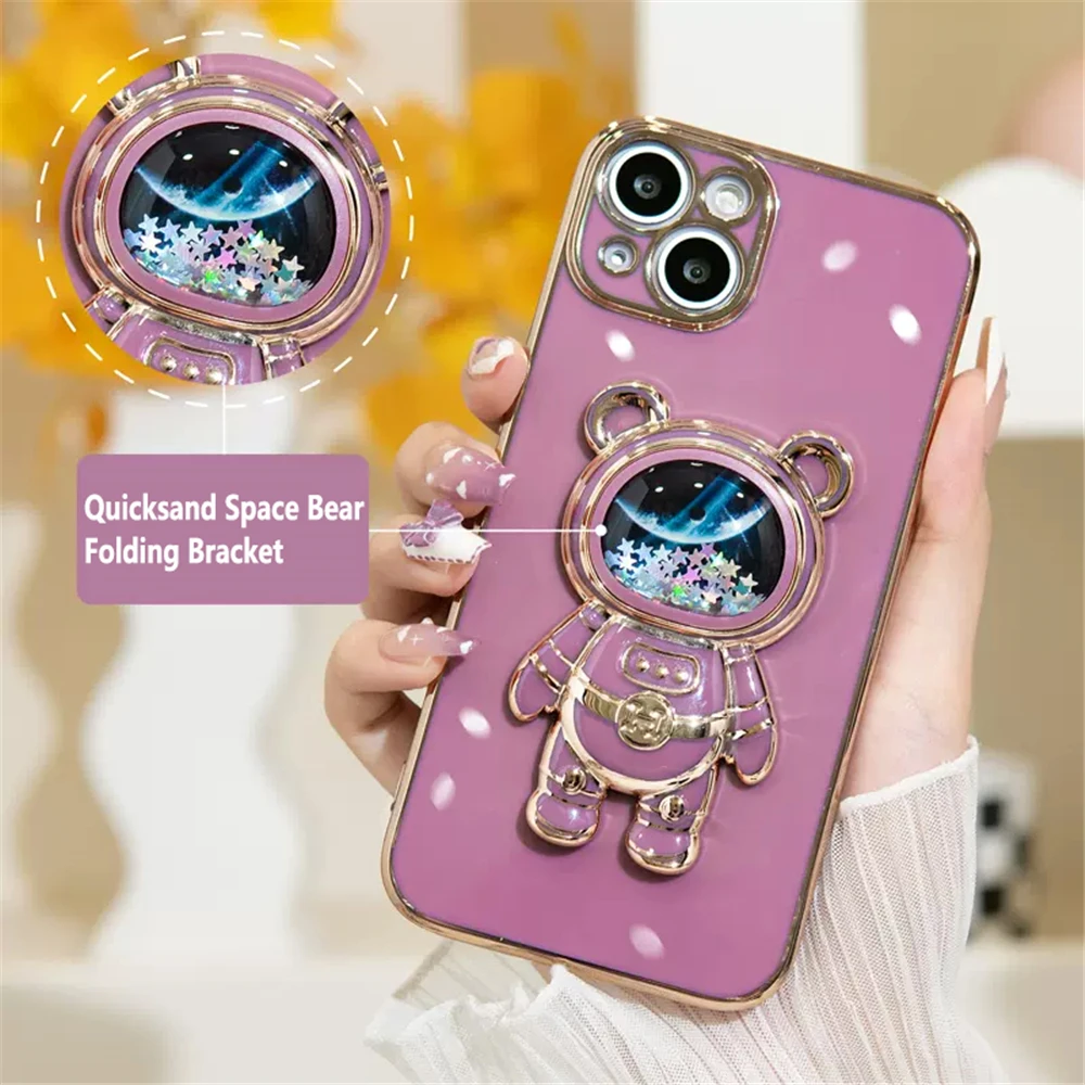 Quicksand Astronaut Plating Phone Holder Case for iPhone 16 15 14ProMax 13 11Pro Max 1  MiniCoque Stand Soft Silicone Back Cover