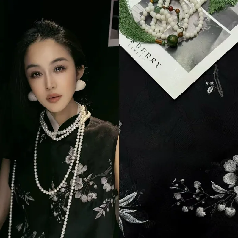 100% Mulberry Silk Embroidered Organza Fabric Hand Painted Peach Blossom Vintage for Qipao Vest Mamian Skirt DIY Sewing