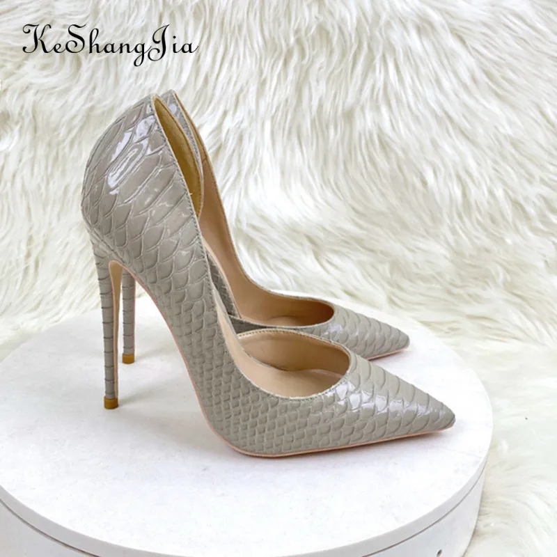 Ke Shang Jia Grey Croc-Effect Side empty Women Pointed Toe High Heel Shoes Elegant Ladies Fashion Stiletto Pumps Plus Size 45