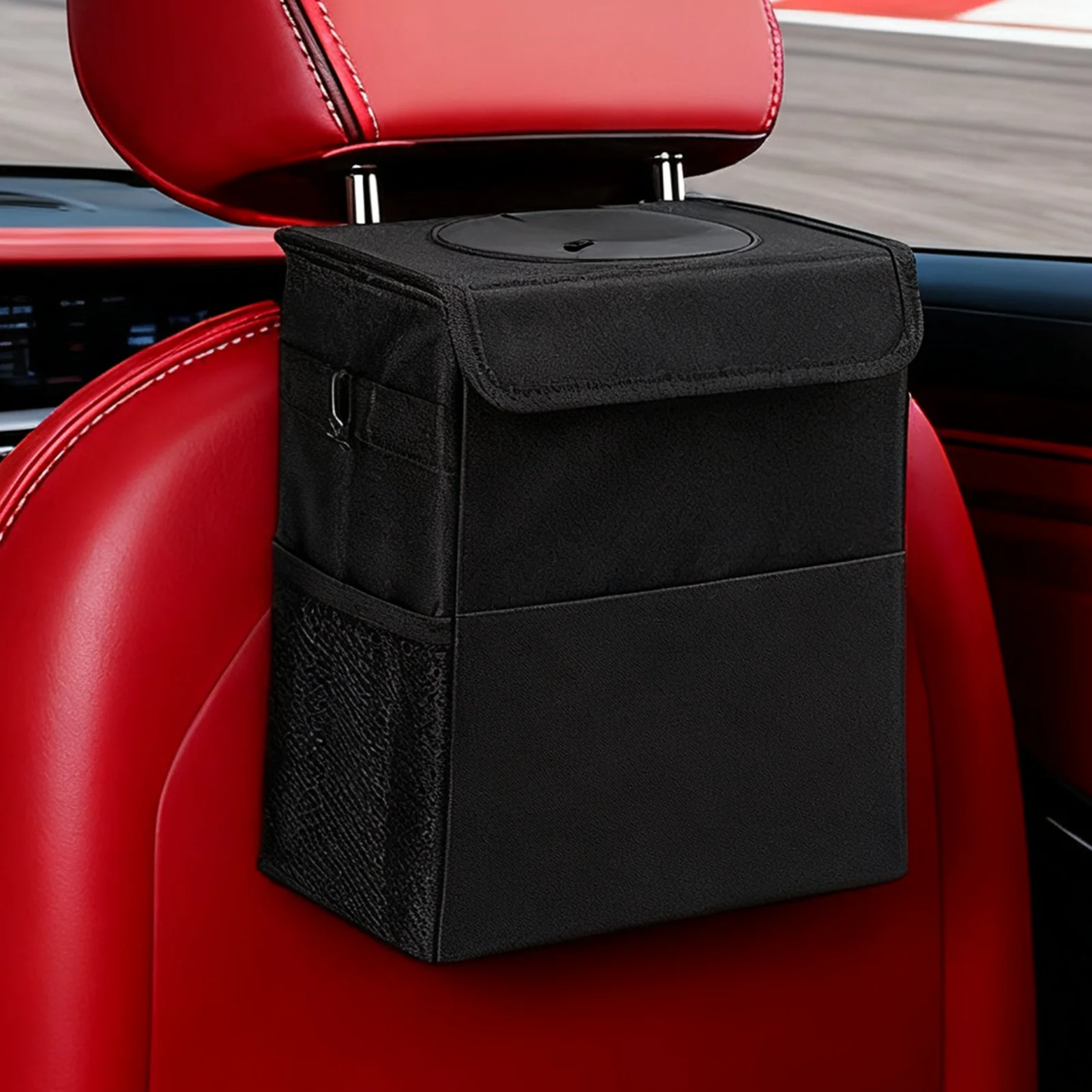 

multi-functional hanging car garbage bag waterproof car trash can with lid &storage pocket Car Trash Can Leakproof Organizer Bag