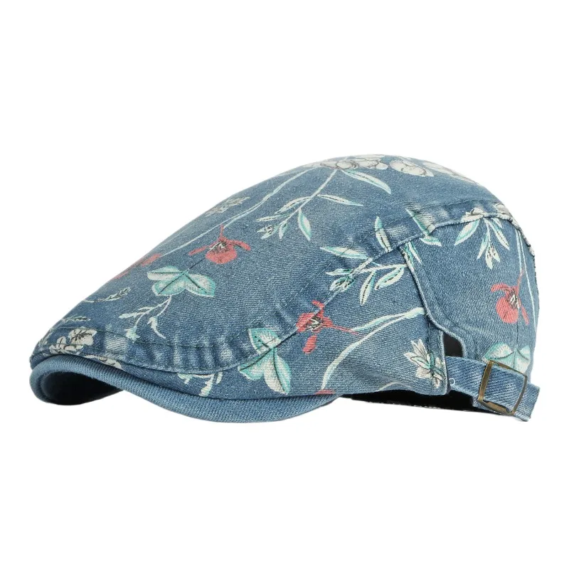 Ethnic Style Beret Women's British Retro Korean Type Fashion Printed Washed Denim Peaked Cap Casual Advance Hats Fashion