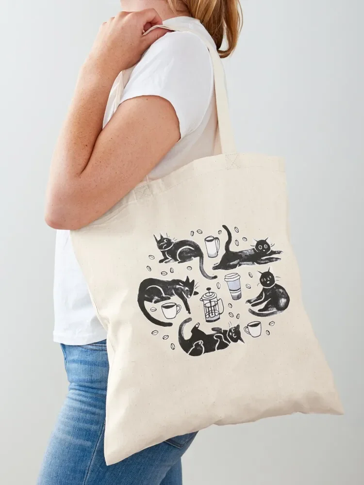 Bolsa de Mano con Diseño de Gatos Negros y Café sobre Fondo Mostaza, Bolsa de Compras, Bolso de Lona para Mujer, Bolsos para Mujer 2025