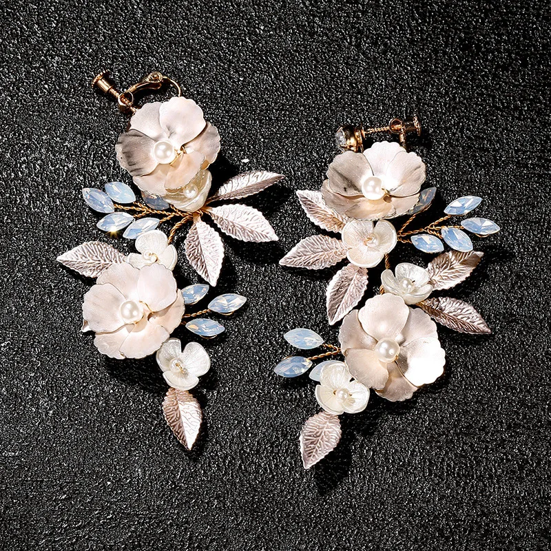 New Fashion Gold Color Alloy Leaves Handmade Pearl Earrings Bridal Wedding Accessories Prom Party Headdress