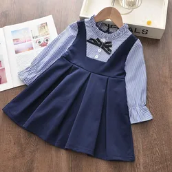 Baby Girls Long Sleeve School dresses kids Girl striped bow fake 2pcs College style dress