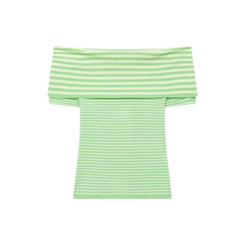 Summer 2026 New Women's Knitted Short Sleeve Shoulder Bared Straight Collar Stripe Pattern Casual Fit Regular Length Top
