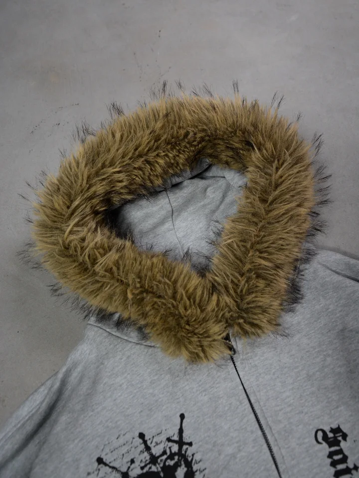 Y2K Retro Womens Gothic Fur Zip Up Hoodie Coats Y2k Vintage