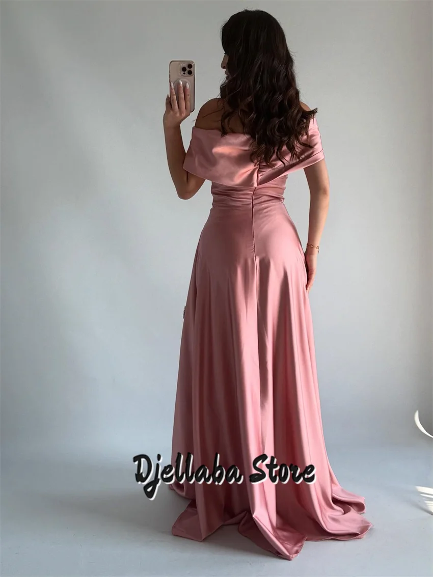 Customized Dust Pink Evening Dresses Off The Shoulder Rhinestone Beading A-Line Prom Gown Modern Long Sweep Train Party Dress