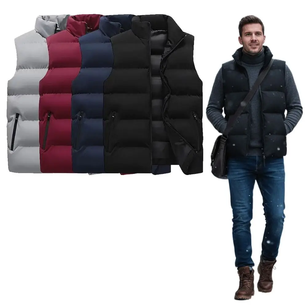 Soft Padded Men's Down Vest Windproof Stand-up Collar Sleeveless Quilted Vest Lightweight Outdoor Travel Jacket Autumn Winter