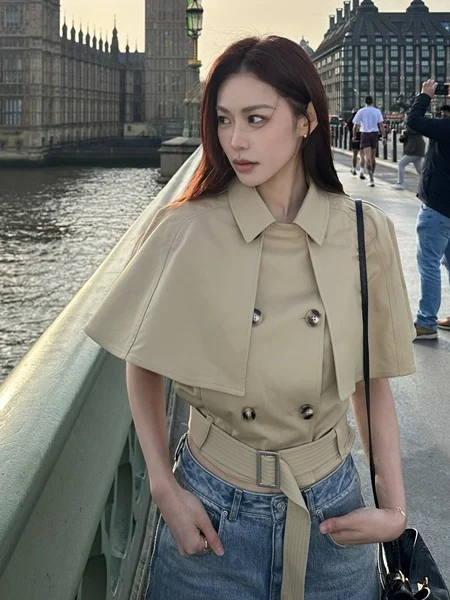 

Original Quality Detachable Cowl Neck Windbreaker Vest Khaki Blue Chic Casual Short Outerwear for Women Collar Double Bu...