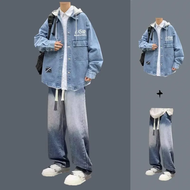 

Spring Autumn Men's Hooded Denim Jaet Teenage Trendy Set with Denim Pants Two Piece Set Long Sve Casual Sportswear