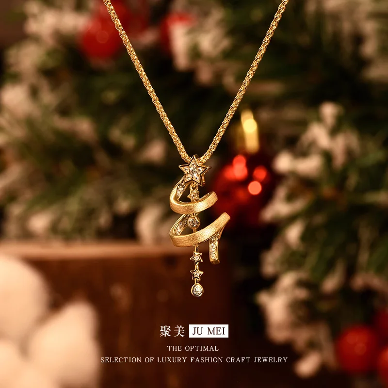 

Light luxury design vitage retro 24K real gold silk gold Christmas tree clavicle chain 9999 pure gold