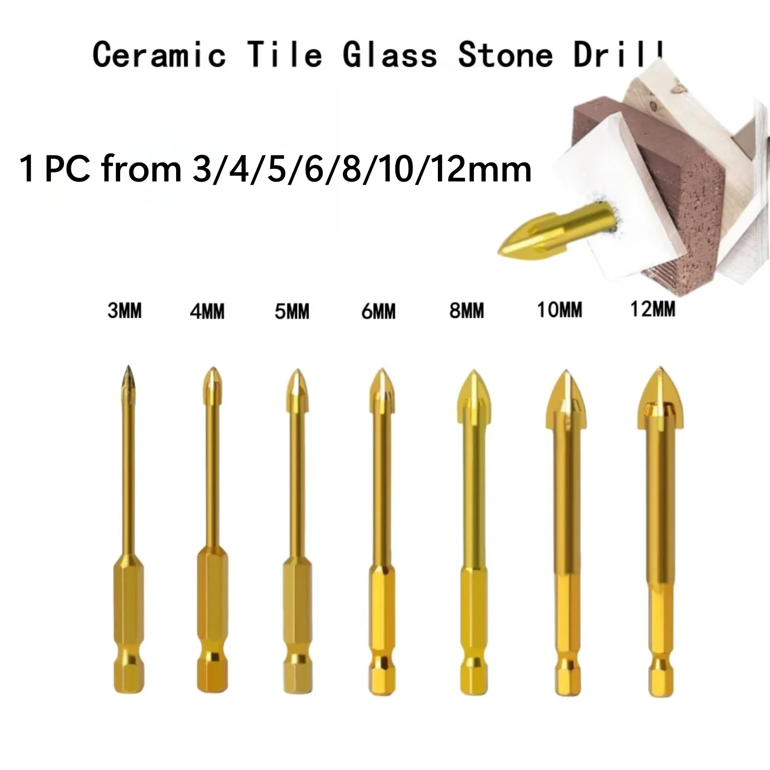 1PC Tungsten Tile Drill Bits Carbide Drill Bit Glass Ceramic Cement Flat Spear Head Tipped Spear Cutter 1/4" 6.35mm Hex Shank