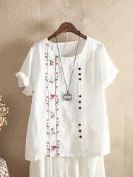 Cotton Linen Embroidery Women Shirts Summer New Elegant Vintage Floral Short Sleeve Casual Work Wear Tops Blouses 5XL