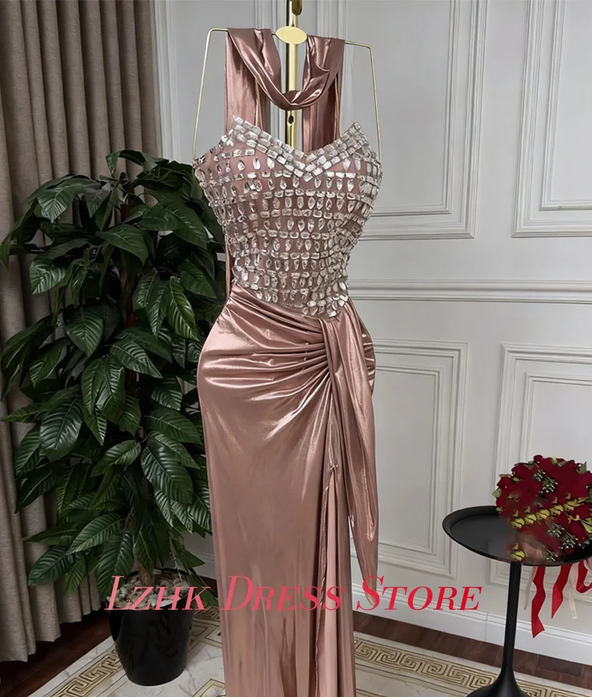 Gaun Malam Satin Lurus Mewah dengan Pita Kristal yang Dapat Disesuaikan, Gaun Prom Tanpa Lengan Model Sweetheart yang Elegan dan Panjang Menyentuh Lantai