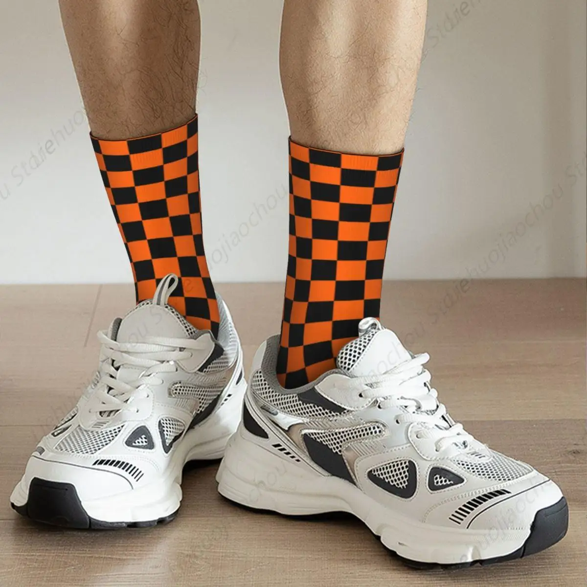 Bunte geometrische karierte schwarze und orange Socken Männer Frauen lustige glückliche Racing Moto Motorrad Socken Harajuku Frühling Socken