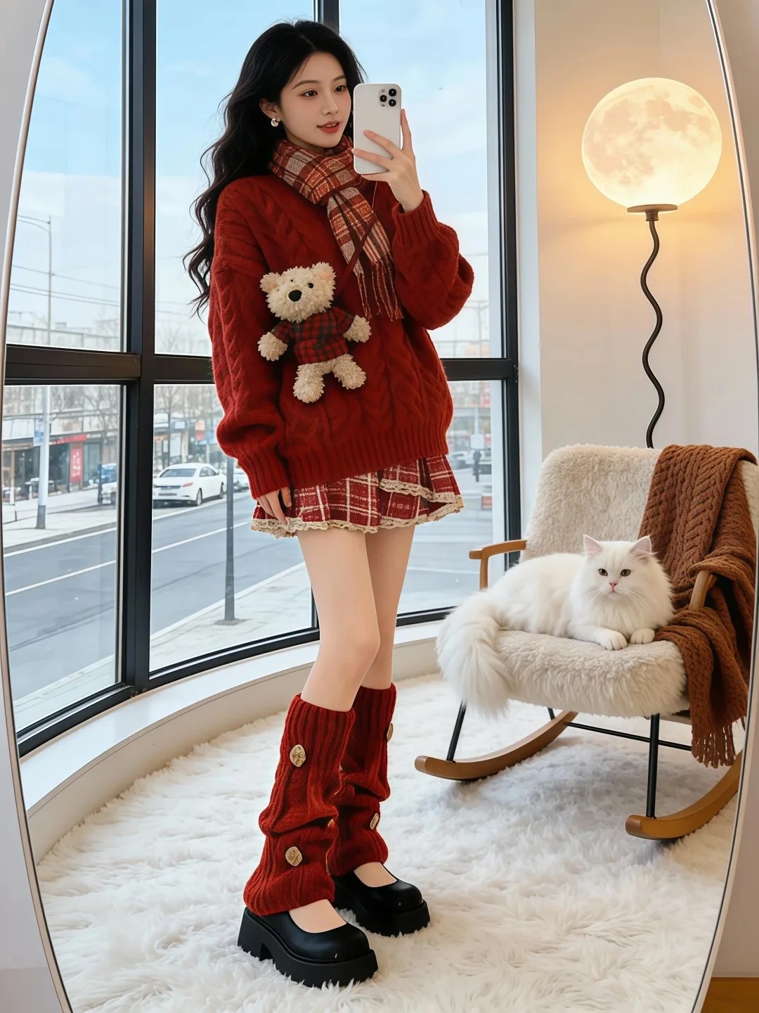 

Осенне-зимний комплект: юбка с цветочным кружевом и красный вязаный свитер с узором косы, повседневный модный образ