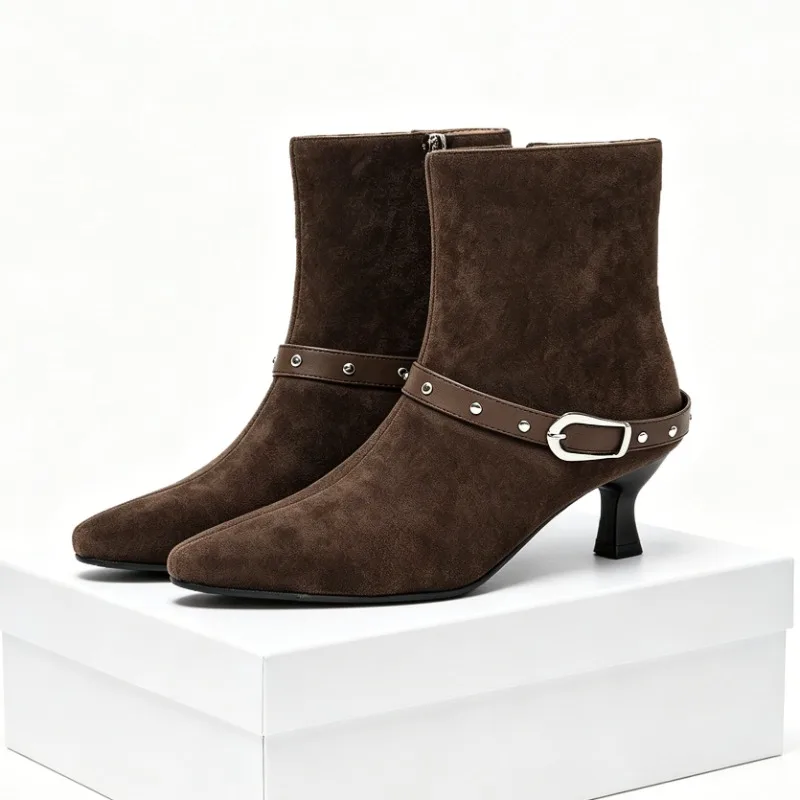 Nouveau hiver daim femmes bottes hautes bout pointu fermeture éclair concepteur bottes courtes femme concis élégant talon bas bottines Botas Mujer