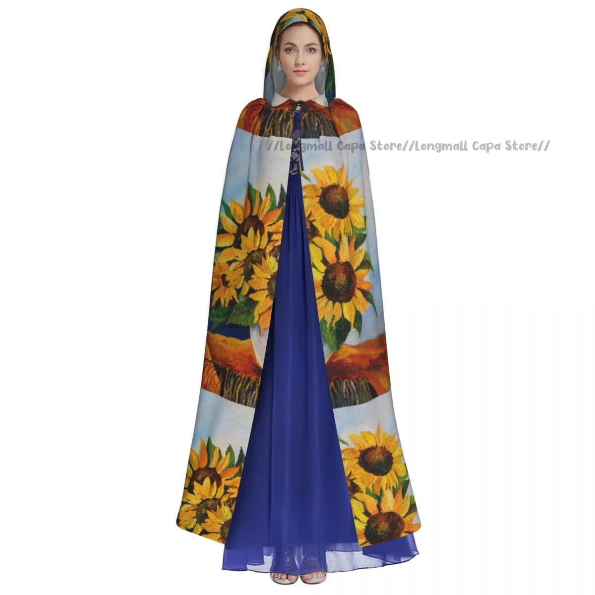 Sunflowers Oil Painting Cloak Hooded Cosplay Costume Halloween Adult Long Party Cape