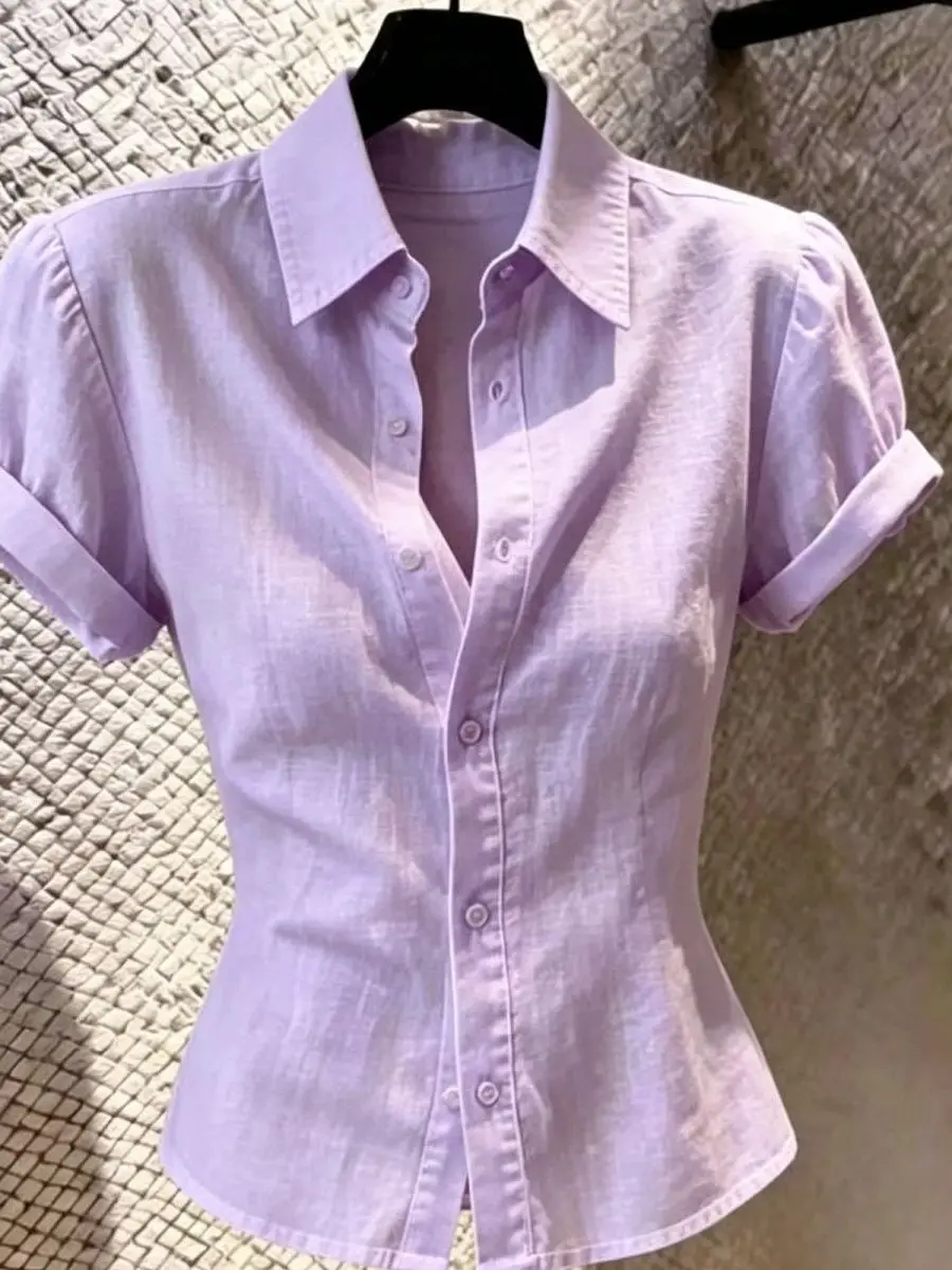 Retro Style Short Sleeve Shirt Women's Summer Slim Fit Lightweight Commute High End Versatile Thin Waist Shaping Top