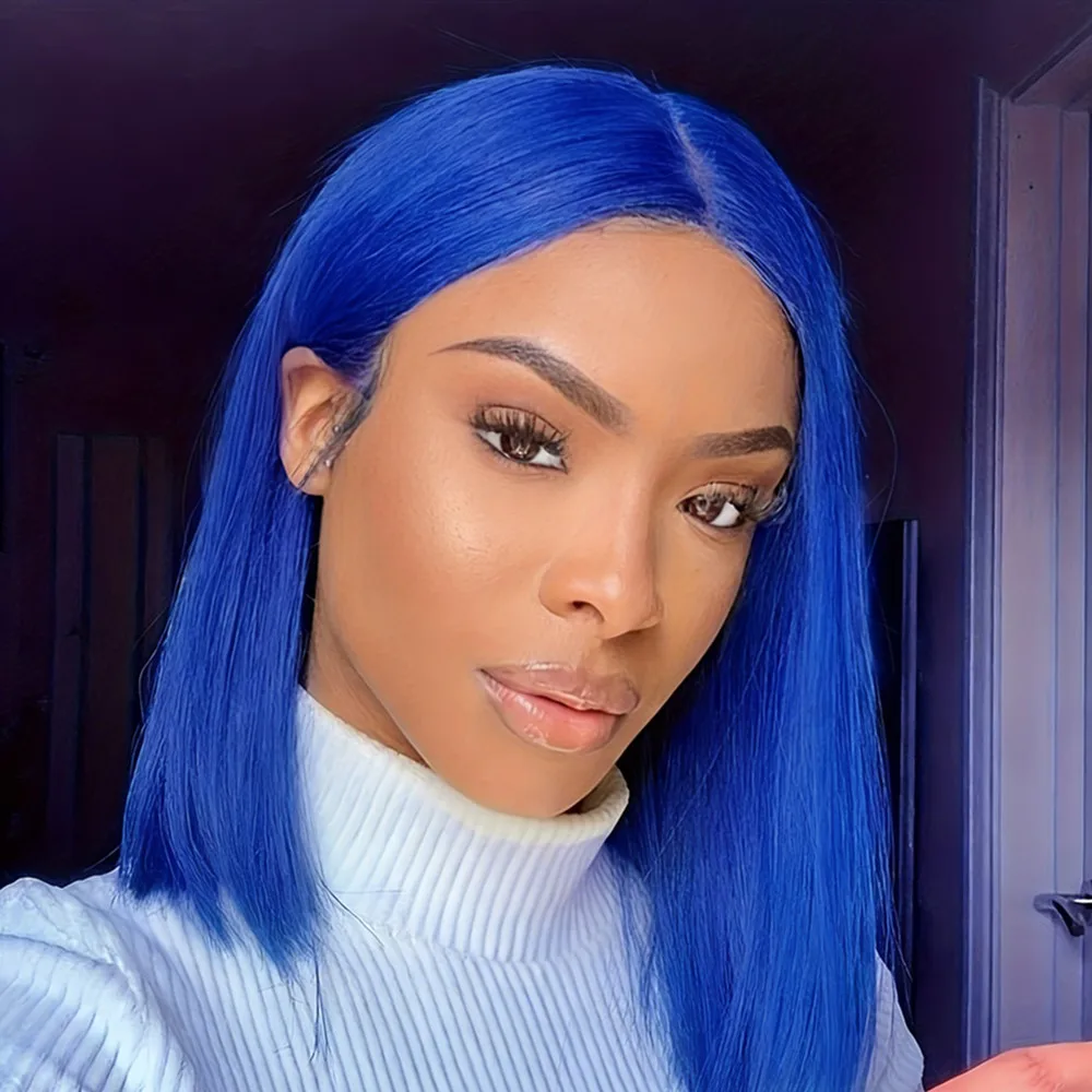 

Прямой синий короткий парик Боб для женщин Фронтальный парик Человеческие волосы 13x4 Прямой 150 Плотность парик человеческих волос повседневный подарок для вечеринки парик