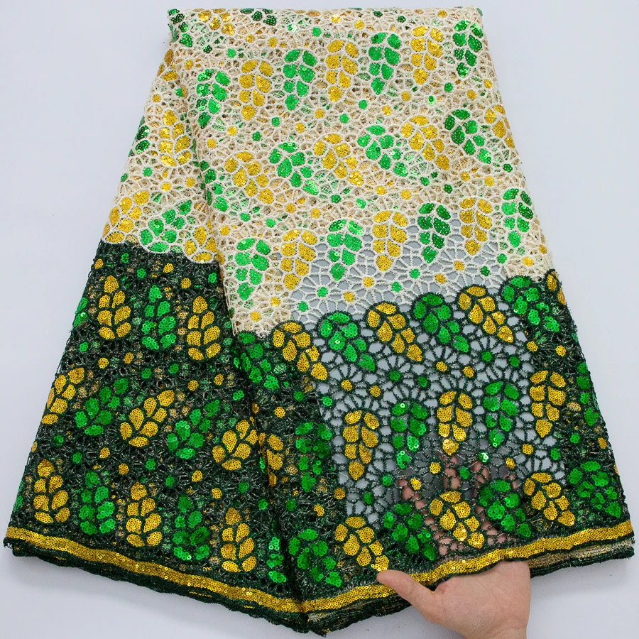 

Premium African Guipure Cord Lace Fabric with Sequins, 5y Green Gold Embroidered Nigerian Mesh Lace For Wedding Party Dresses