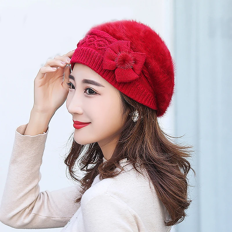 Women's Winter Hats Cotton Cap Slouch Baggy Warm Soft Knit Crochet Female Hat Elegant Fashion Flower Hats