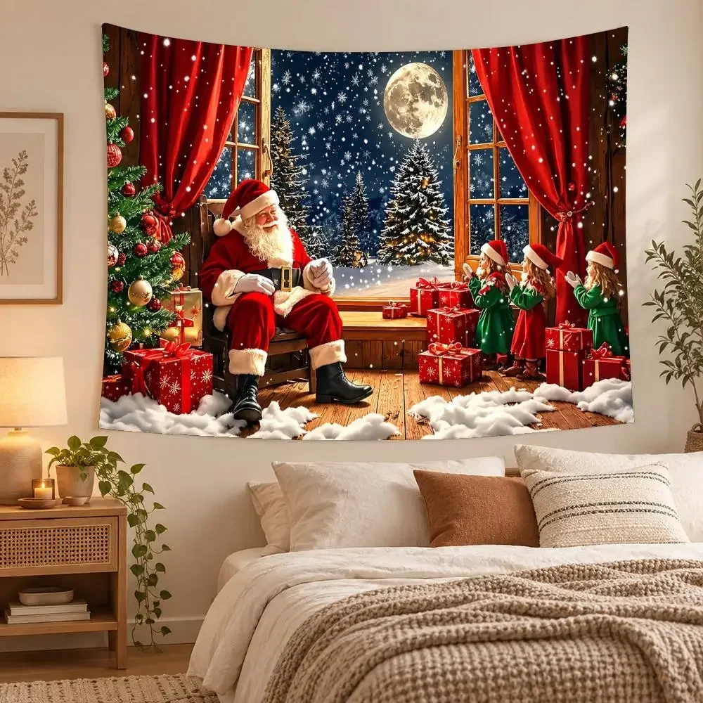 Santa Christmas Indoor Holiday Views Tapestry Living Bedroom Party Dormitory Interior Wall Bohemian Decoration Attached Clip