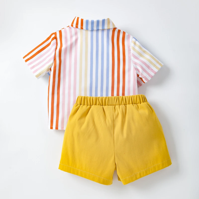 

2025 New Summer Children's Colorful Striped Collar Little Bear Pattern Shirt and Yellow Shorts Two Piece Set