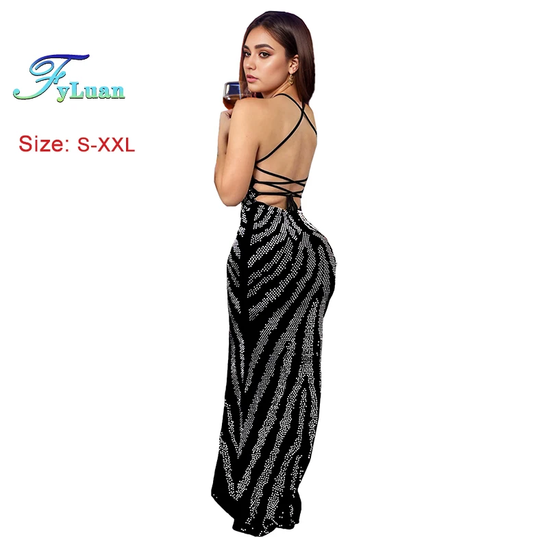 2025 Venta caliente NewWomen Spaghetti Strap vestido largo sin hombros conjunto sin espalda con diamantes ajustado vestido de noche de cumpleaños