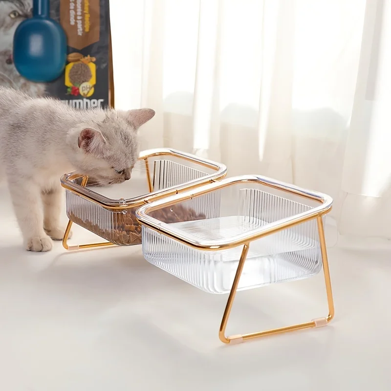 Transparent Elevated Dual  Bowl, 2-in-1 Raised Feeder for Food & Water, Tilted Design for Easy Eating