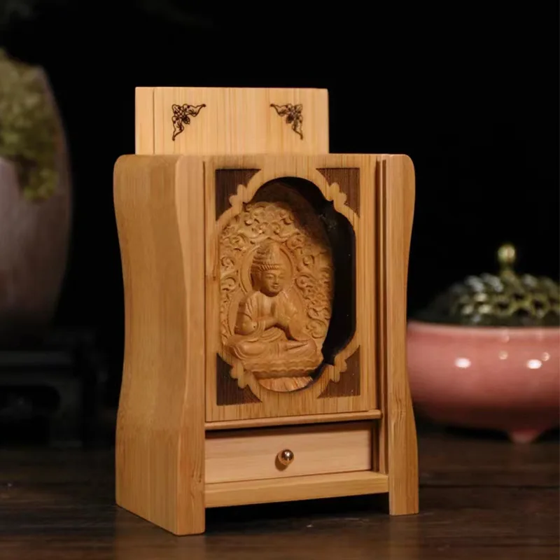 

Buddhist Amulet Cabinet Mini Shrine Portable Shrine Wooden Carved Bodhisattva Statue Base Bamboo for Worship