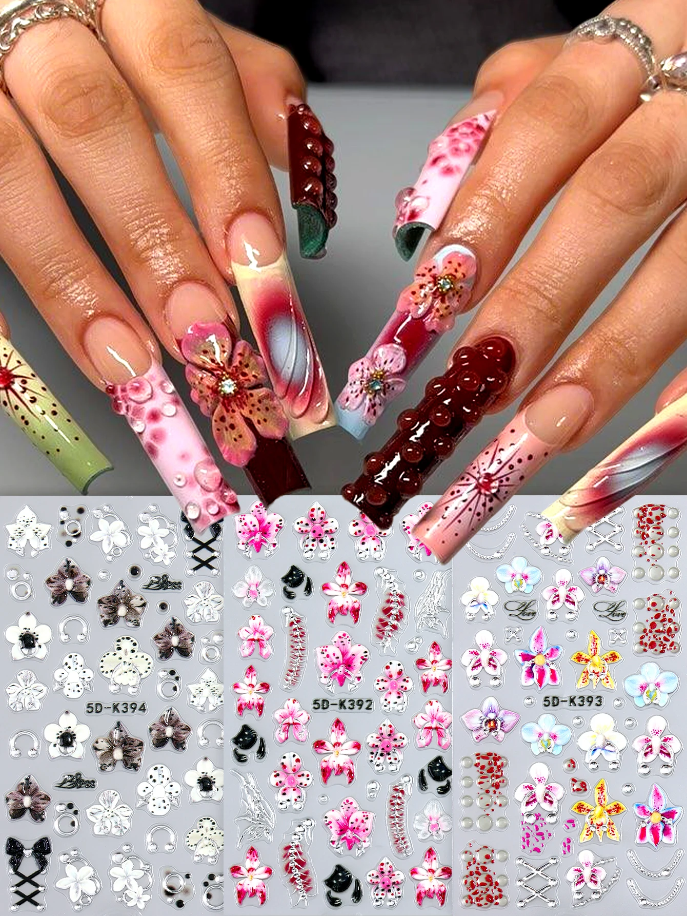 5D Geprägte Hawaiianische Orchideen-Nagelaufkleber, Mehrfarbige Rosa Orchideenblüten mit Silberkette und Kreuzriemen-Nageldekorationen